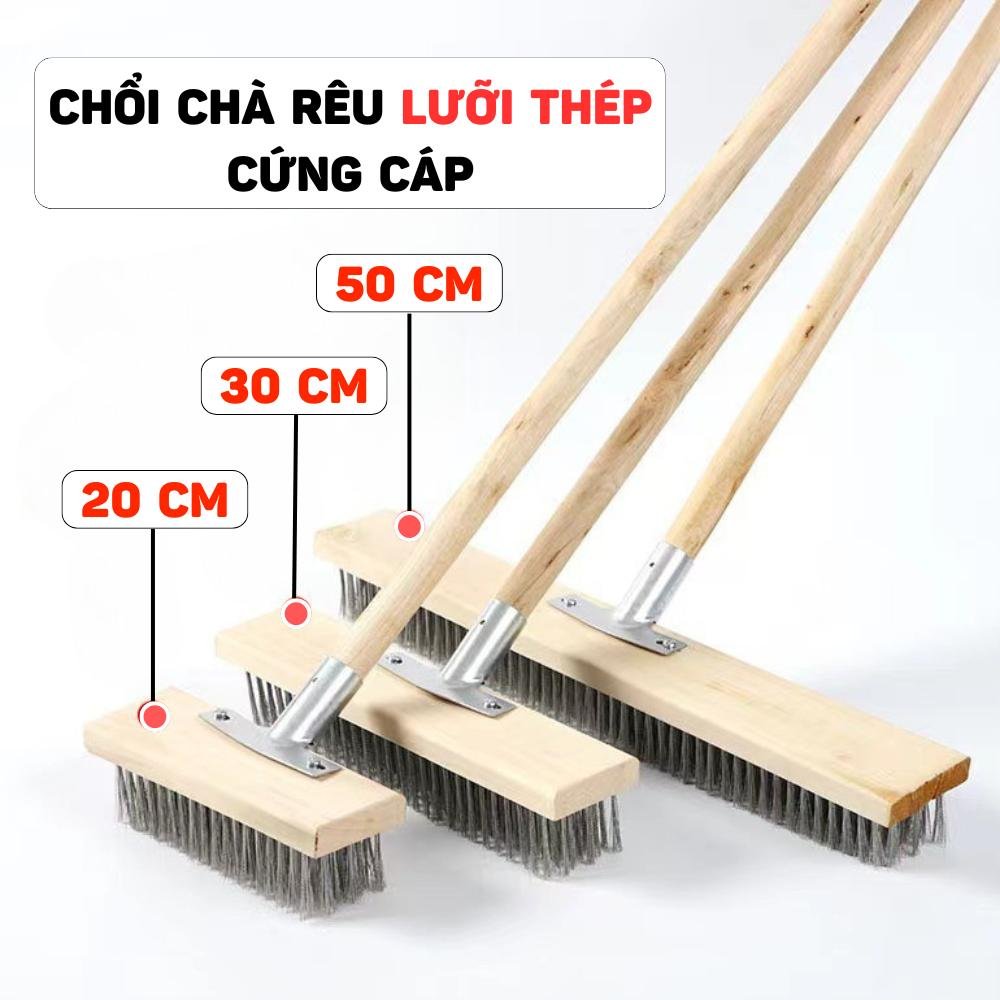 Chổi Cọ Sàn Sợi Cước Thép Inox 304 Cán Dài 110cm (Chổi Chà Rêu Mốc, Rỉ Sét, Sân Vườn, Bể Bơi)